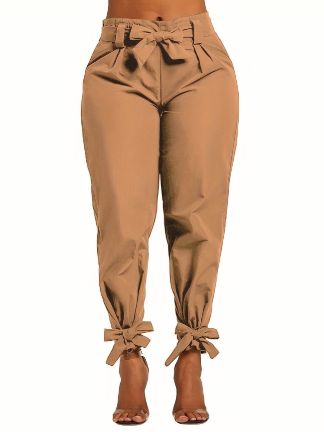 Plus Size Elegant Pants, Women's Plus Bow Knot Tapered Leg Elastic Pants With Belt