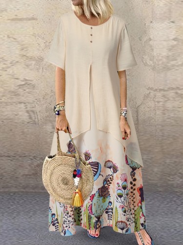 Floral Print Asymmetrical Round Neck Short Sleeve Dress, Casual Loose Vintage Maxi Dress, Women's Clothing
