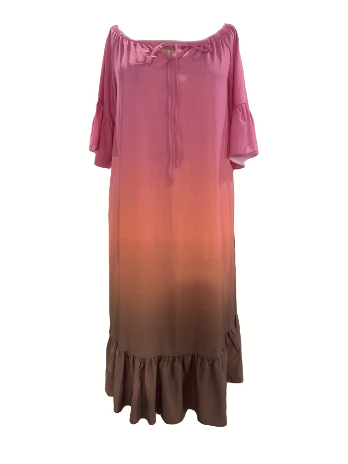Plus Size Casual Dress, Women's Plus Colorblock Ombre Print Bell Sleeve Off Shoulder Ruffle Trim Maxi Keyhole Tie Dress