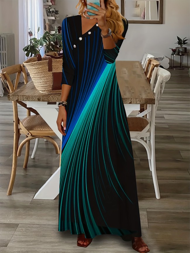 Geo Print Asymmetrical Neck Dress, Casual Long Sleeve Maxi Dress, Women's Clothing