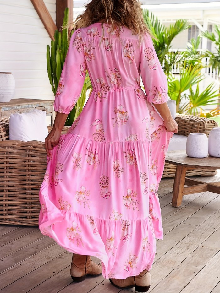 Floral Print Split Dress, Elegant Drawstring Tiered Maxi Dress, Women's Clothing