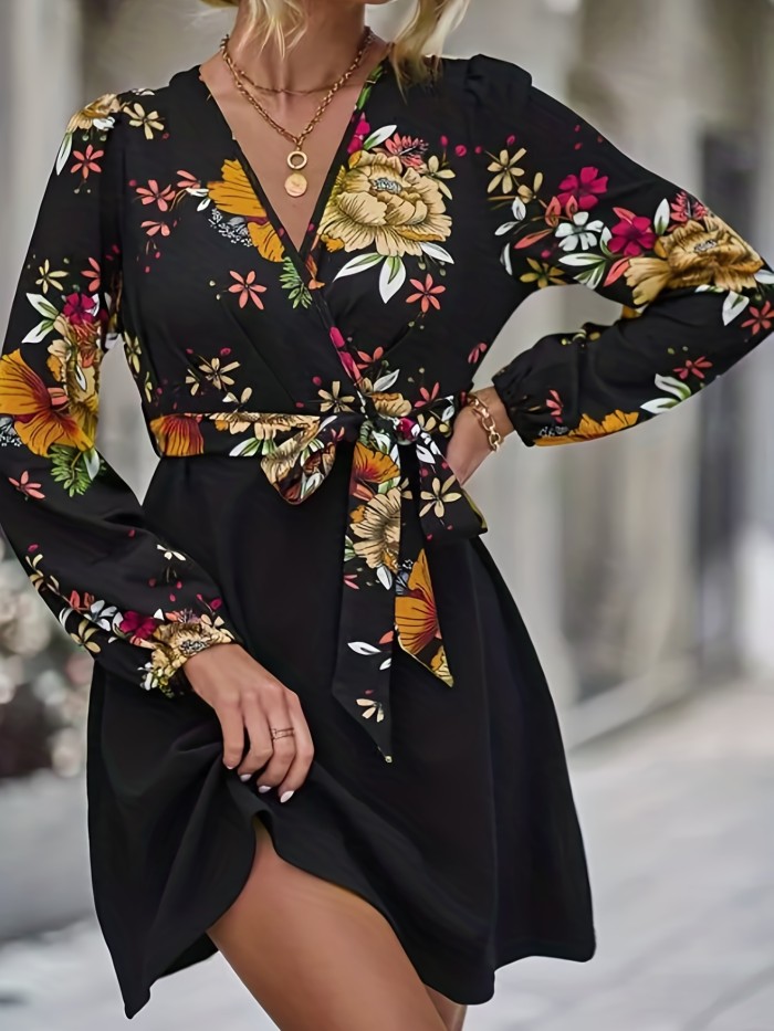 Vintage Floral Print Dress, Casual Surplice Neck Long Sleeve Dress, Women's Clothing