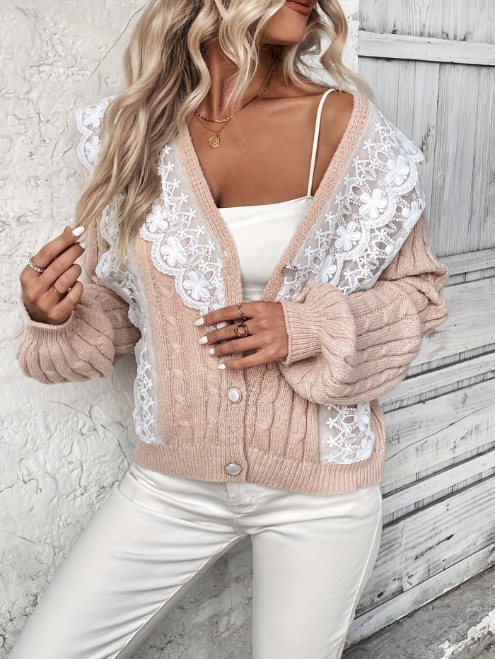 Lace Applique Button Down Cardigan, Casual Long Sleeve Cable Knit Sweater, Women's Clothing