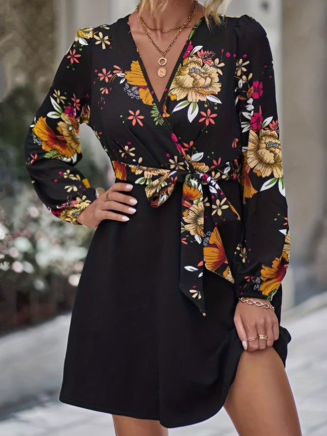 Vintage Floral Print Dress, Casual Surplice Neck Long Sleeve Dress, Women's Clothing