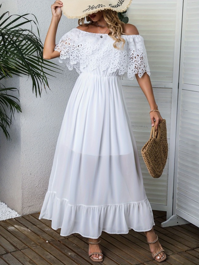 Contrast Lace Solid Dress, Elegant Off Shoulder Maxi Party Dress, Women's Clothing