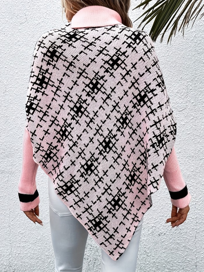 Plaid Pattern Turtle Neck Cape Sweater, Casual Batwing Sleeve Asymmetrical Hem Sweater, Women's Clothing