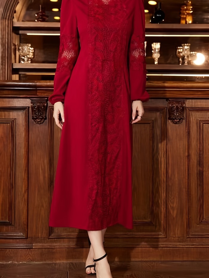Elegant Lace Slit Long Dress, Long Sleeve Solid Small Turtleneck Waist Long Dresses, Women's Clothing