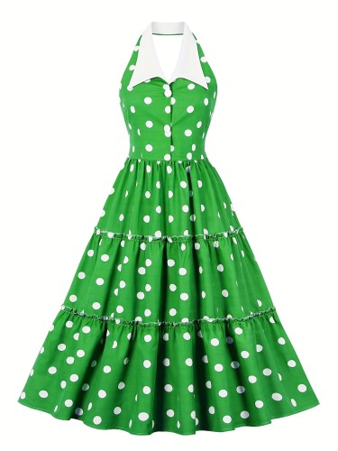 Polka Dot Button Front Dress, Vintage Halter Neck Sleeveless Pleated Dress, Women's Clothing