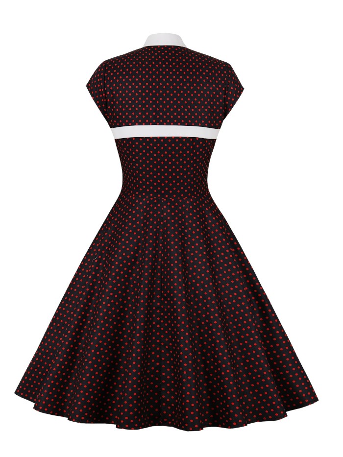 Polka Dot Stand Collar Short Sleeve Dress, Vintage Button Front Ruffled Hem Dress, Women's Clothing