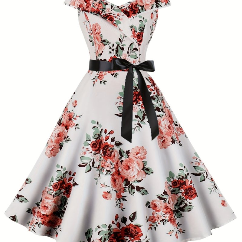 Vintage Floral Print V Neck Dress, Elegant Pleated Party Dress, Women's Clothing