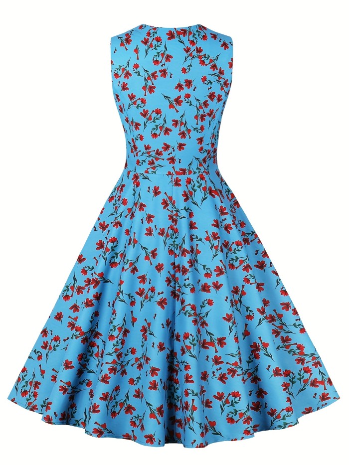 Floral Print Cut Out V Neck Dress, Vintage Sleeveless Ruffle Hem Slim Tank Dress For Summer, Women's Clothing