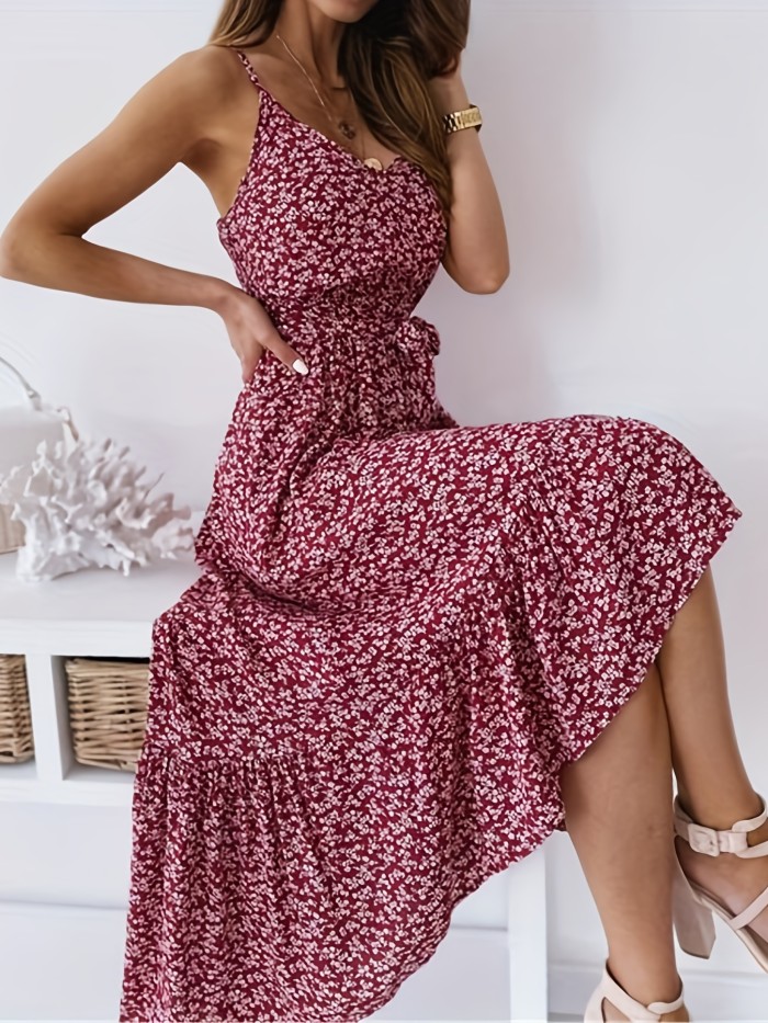 Floral Print Cami Dress, Ruffle Hem Vacation Casual Dress For Summer & Spring, Women's Clothing