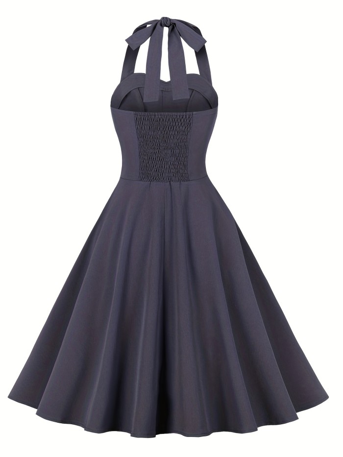 Checkerboard Print Splicing Dress, Vintage Halter Neck Pleated Summer Dress, Women's Clothing