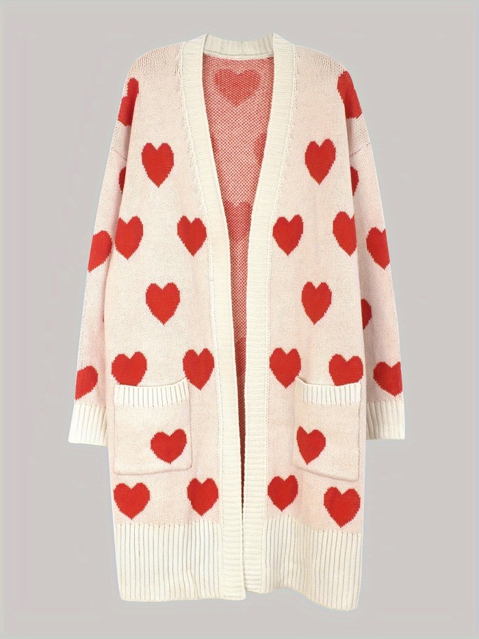 Heart Pattern Open Front Cardigan, Sweet Long Sleeve Pockets Cardigan For Fall & Winter, Women's Clothing