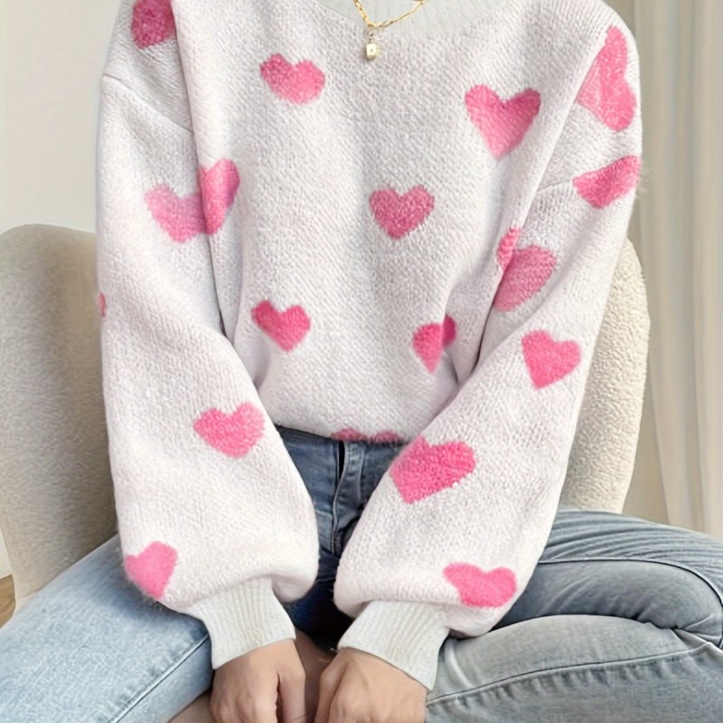 Heart Pattern Crew Neck Pullover Sweater, Casual Long Sleeve Drop Shoulder Sweater, Women's Clothing