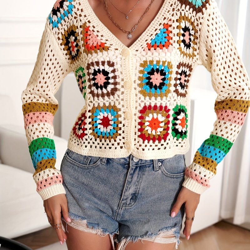 Patchwork Crochet Cardigan, Long Sleeve Button Up Casual Sweater, Women's Clothing