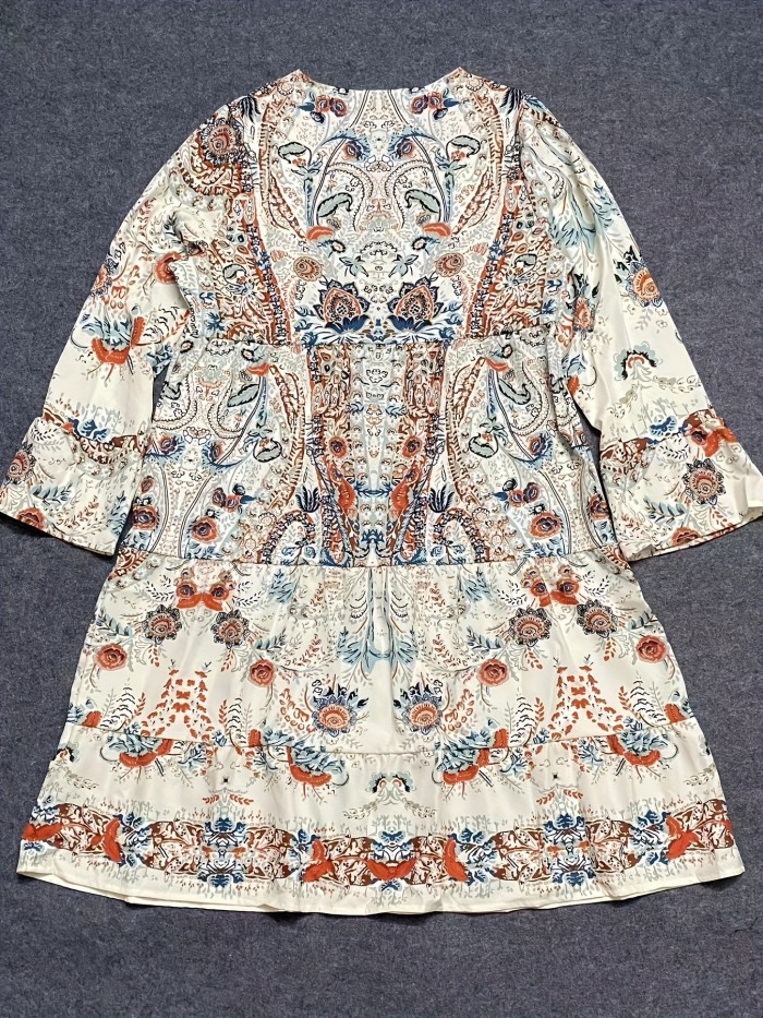 Paisley Print Long Sleeve Dress, Boho Notch Neck Ruffle Trim Dress For Spring & Summer, Women's Clothing