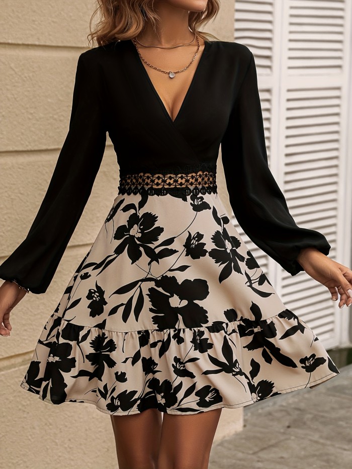 Floral Print Lace Splicing Dress, Elegant Lantern Sleeve Ruffle Trim Dress, Women's Clothing