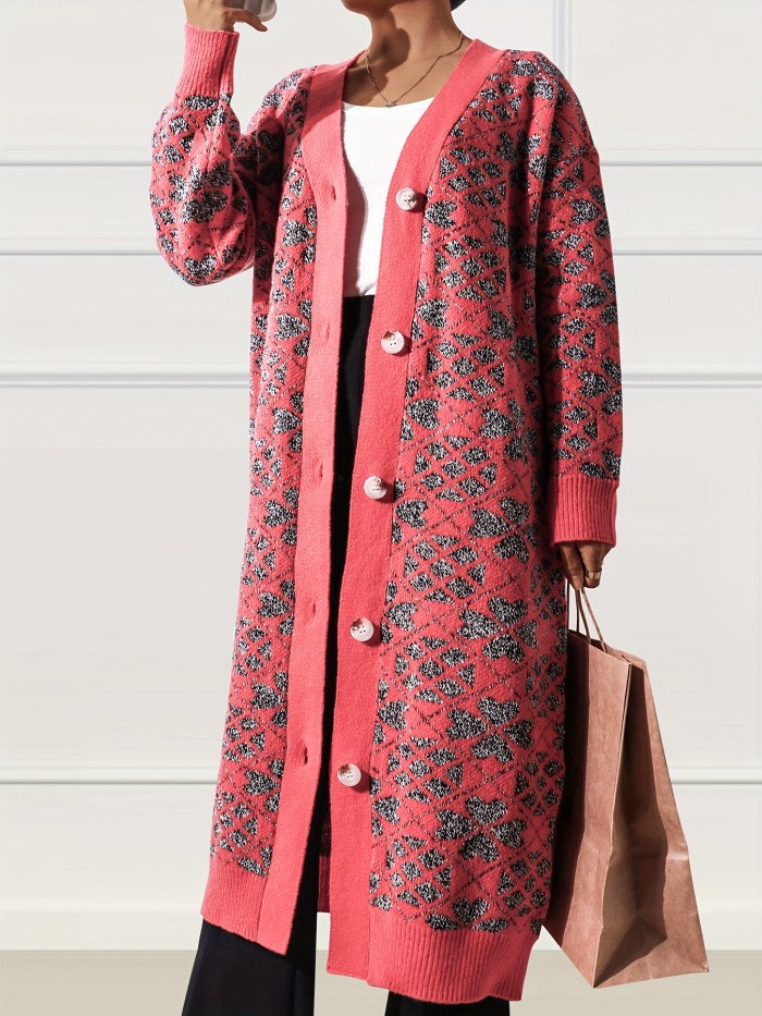 Allover Print Button Front Cardigan, Long Sleeve Long Cardigan For Fall & Winter, Women's Clothing