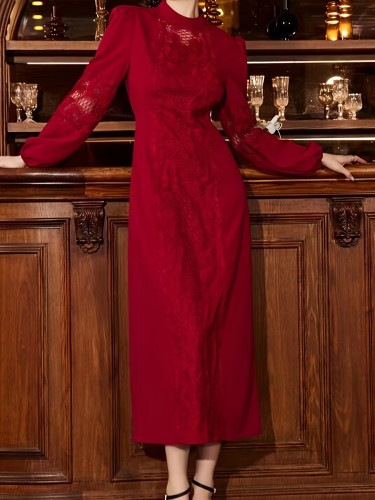 Elegant Lace Slit Long Dress, Long Sleeve Solid Small Turtleneck Waist Long Dresses, Women's Clothing