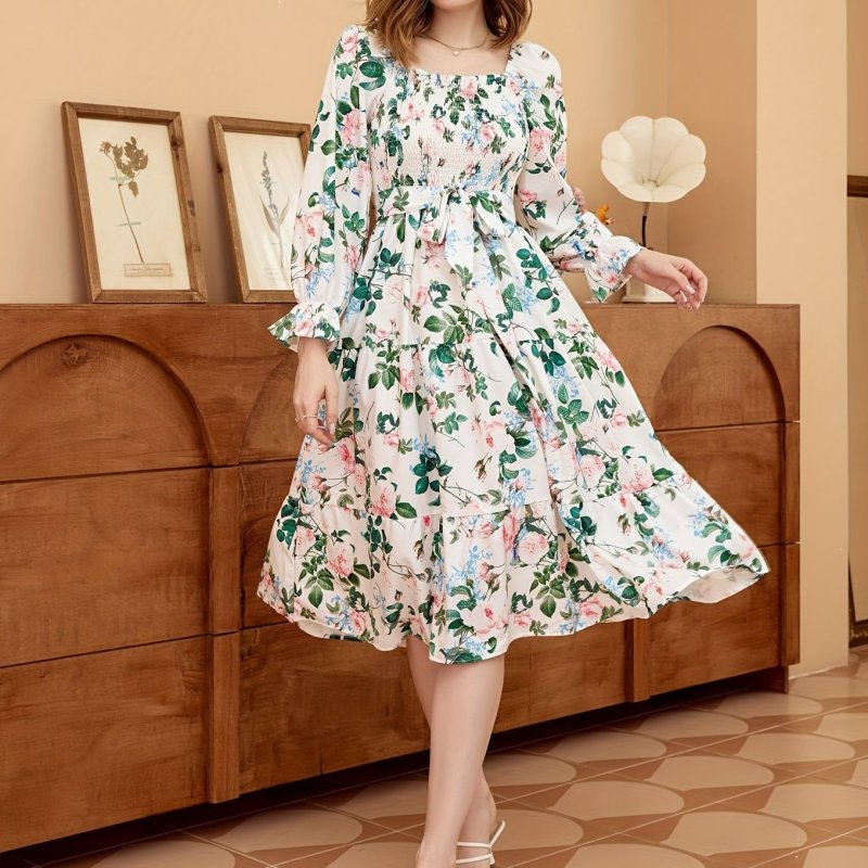 Floral Print Long Sleeve Dress, Square Neck Vacation Casual Dress For Fall & Spring, Women's Clothing