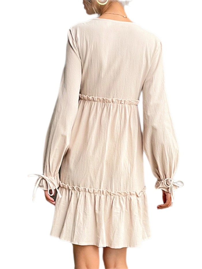 Elegant Button Dress, Casual Lace Up Ruffle Long Sleeve Solid V-neck Loose Dresses, Women's Clothing