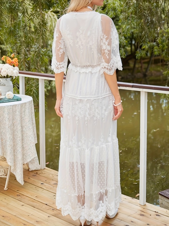 Women's Elegant Wedding Guest Dress,Plus Size Plain Lace Short Sleeve V Neck Floral Trim Maxi Occasion Dress