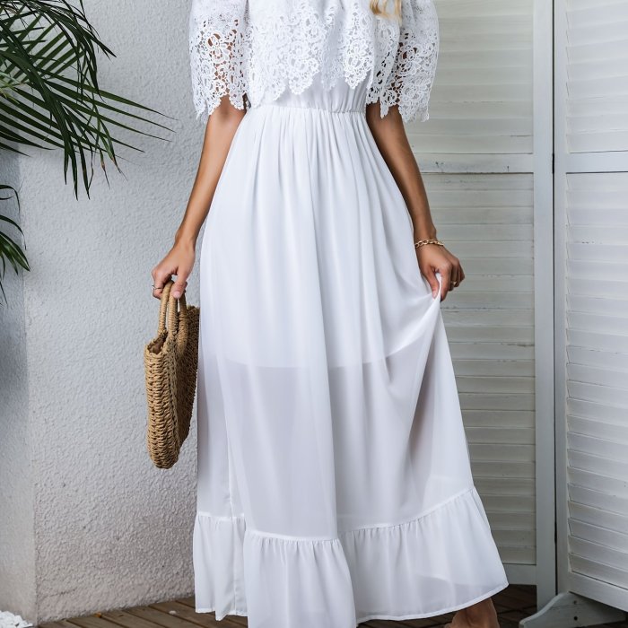 Contrast Lace Solid Dress, Elegant Off Shoulder Maxi Party Dress, Women's Clothing