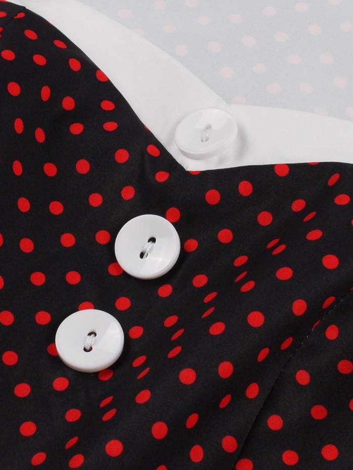 Polka Dot Stand Collar Short Sleeve Dress, Vintage Button Front Ruffled Hem Dress, Women's Clothing