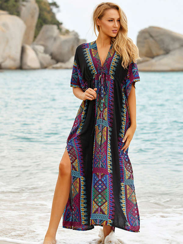 Women's Lace Up Bohemian Dress, Long Caftan Gown Nightdress Maxi Beach Casual Vacation Dress