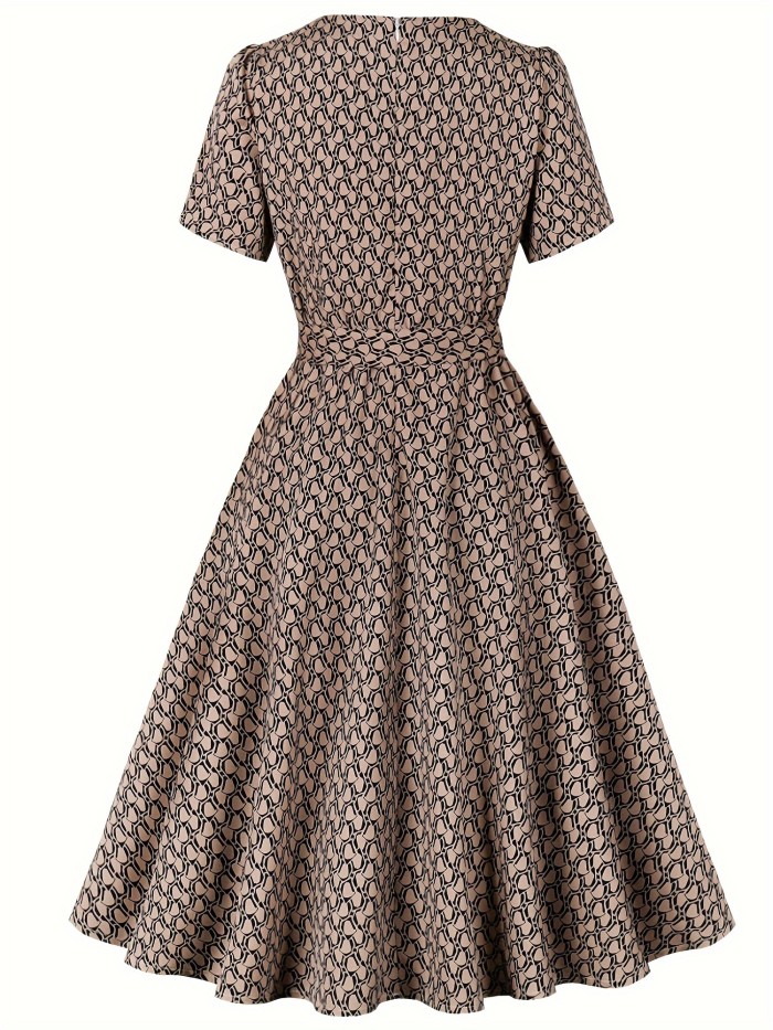 Allover Print Midi Dress, Vintage Squared Neck Short Sleeve Dress, Women's Clothing