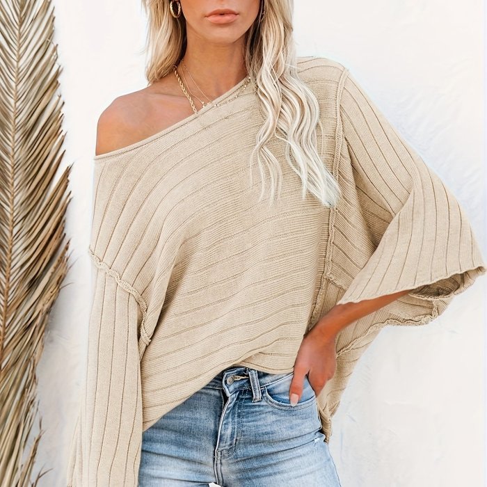 Top-stitching Crew Neck Sweater, Casual Drop Shoulder Bell Sleeve Sweater For Fall & Winter, Women's Clothing