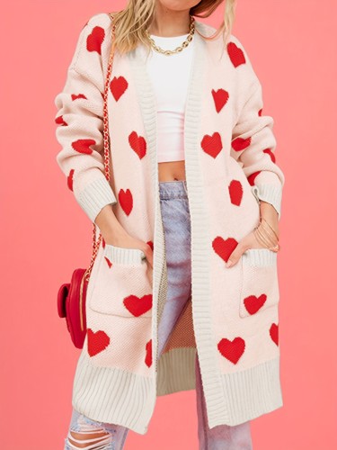 Heart Pattern Open Front Cardigan, Sweet Long Sleeve Pockets Cardigan For Fall & Winter, Women's Clothing