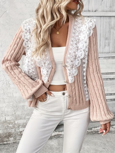 Lace Applique Button Down Cardigan, Casual Long Sleeve Cable Knit Sweater, Women's Clothing