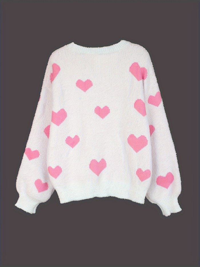 Heart Pattern Crew Neck Pullover Sweater, Casual Long Sleeve Drop Shoulder Sweater, Women's Clothing