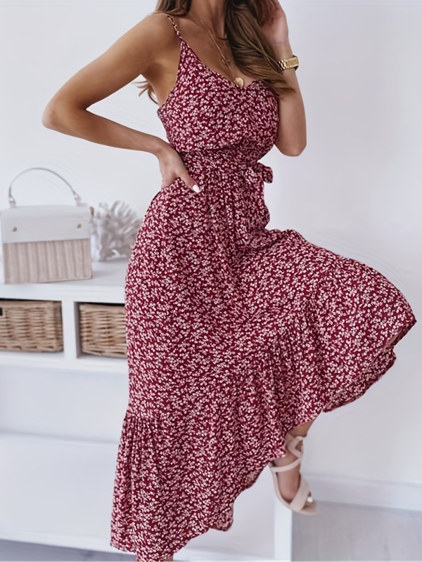 Floral Print Cami Dress, Ruffle Hem Vacation Casual Dress For Summer & Spring, Women's Clothing
