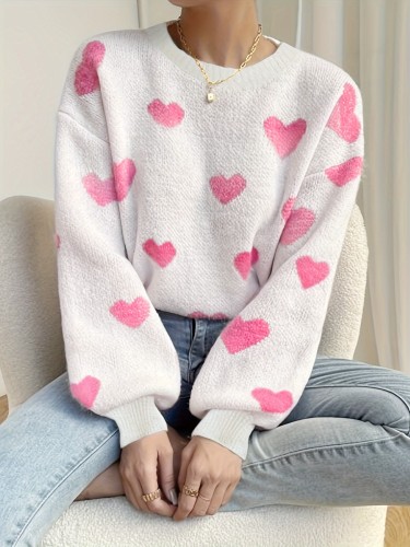 Heart Pattern Crew Neck Pullover Sweater, Casual Long Sleeve Drop Shoulder Sweater, Women's Clothing