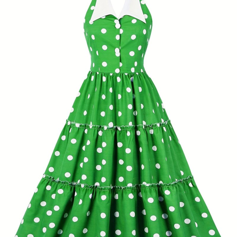 Polka Dot Button Front Dress, Vintage Halter Neck Sleeveless Pleated Dress, Women's Clothing