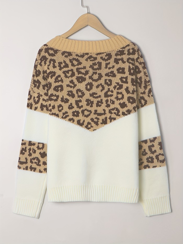 Color Block Leopard Pullover Sweater, Casual V Neck Long Sleeve Sweater, Women's Clothing