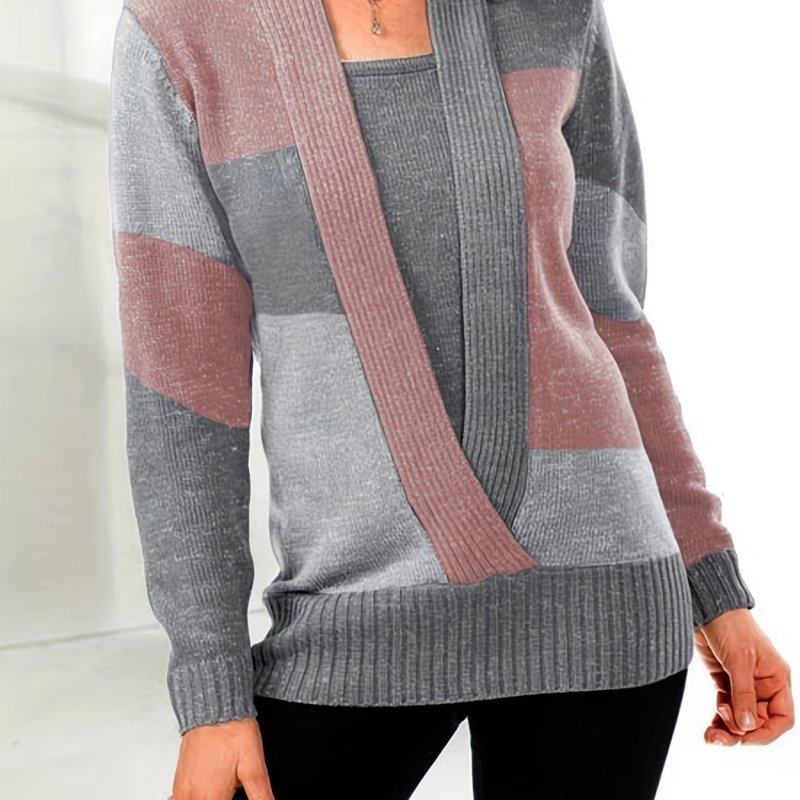 Color Block Pullover Sweater, Versatile Long Sleeve Sweater For Fall & Winter, Women's Clothing