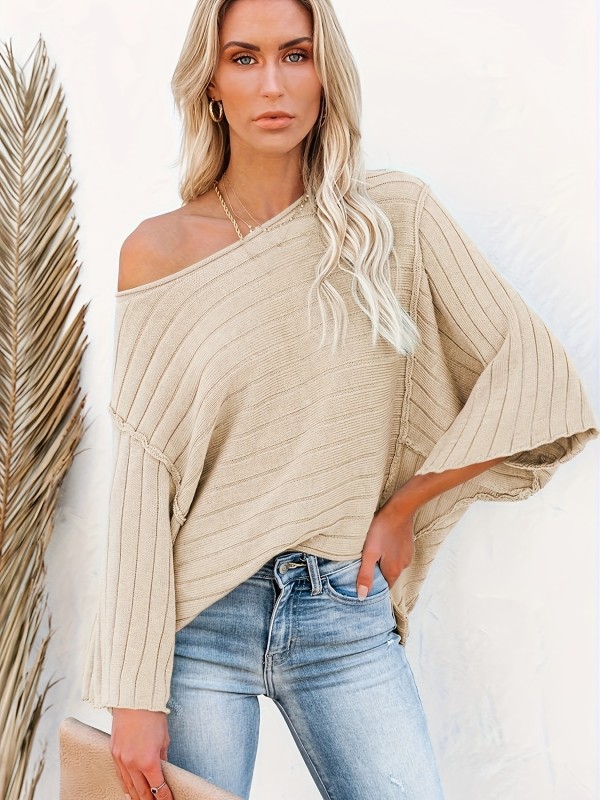 Top-stitching Crew Neck Sweater, Casual Drop Shoulder Bell Sleeve Sweater For Fall & Winter, Women's Clothing