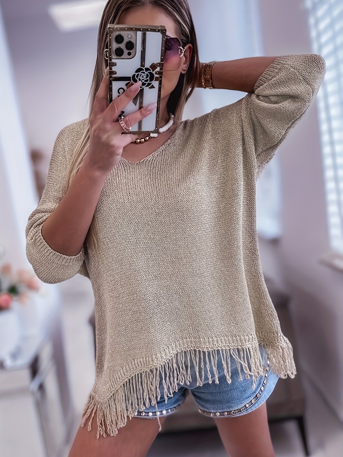 Fringe Hem V Neck Sweater, Casual Long Sleeve Sweater For Fall & Winter, Women's Clothing