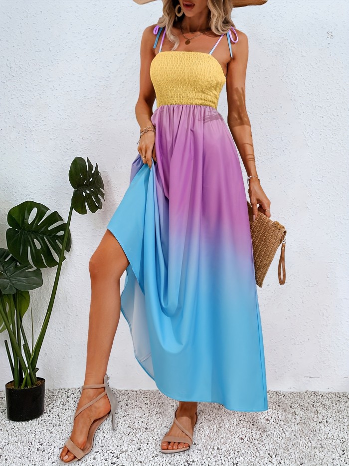 Gradient Lace Up Dress, Vacation Shirred High Waist Maxi Dress, Women's Clothing