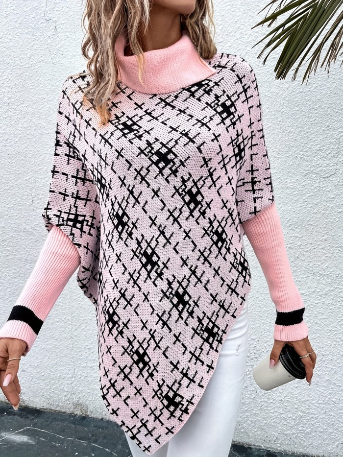 Plaid Pattern Turtle Neck Cape Sweater, Casual Batwing Sleeve Asymmetrical Hem Sweater, Women's Clothing