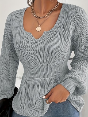 Notched Neck Drop Shoulder Sweater, Casual Solid Long Sleeve Loose Sweater, Women's Clothing