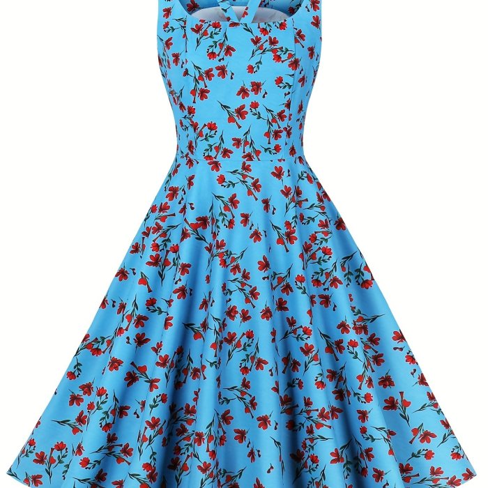 Floral Print Cut Out V Neck Dress, Vintage Sleeveless Ruffle Hem Slim Tank Dress For Summer, Women's Clothing