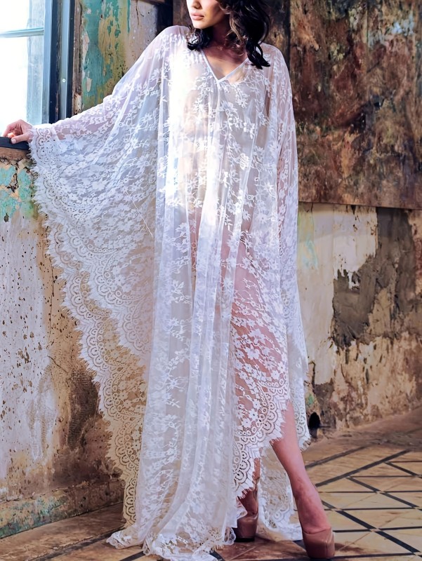 Plus Size Boho Cover Up, Women's Floral Lace See Through Plain White Tie Back Backless Batwing Sleeve Maxi Beach Kaftan Dress Without Bikini