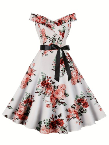 Vintage Floral Print V Neck Dress, Elegant Pleated Party Dress, Women's Clothing