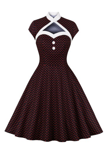 Polka Dot Stand Collar Short Sleeve Dress, Vintage Button Front Ruffled Hem Dress, Women's Clothing