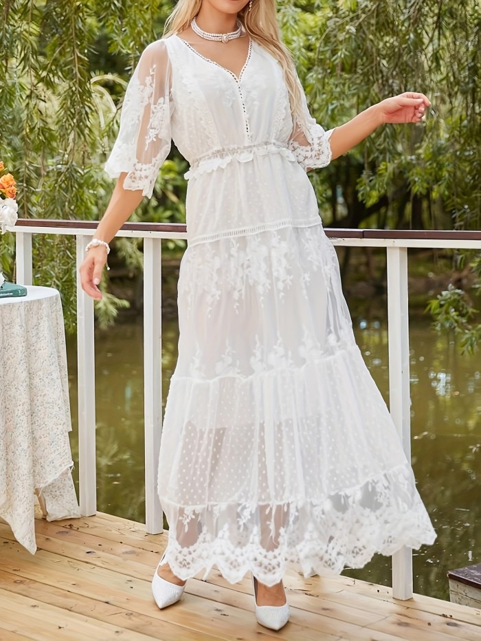 Women's Elegant Wedding Guest Dress,Plus Size Plain Lace Short Sleeve V Neck Floral Trim Maxi Occasion Dress